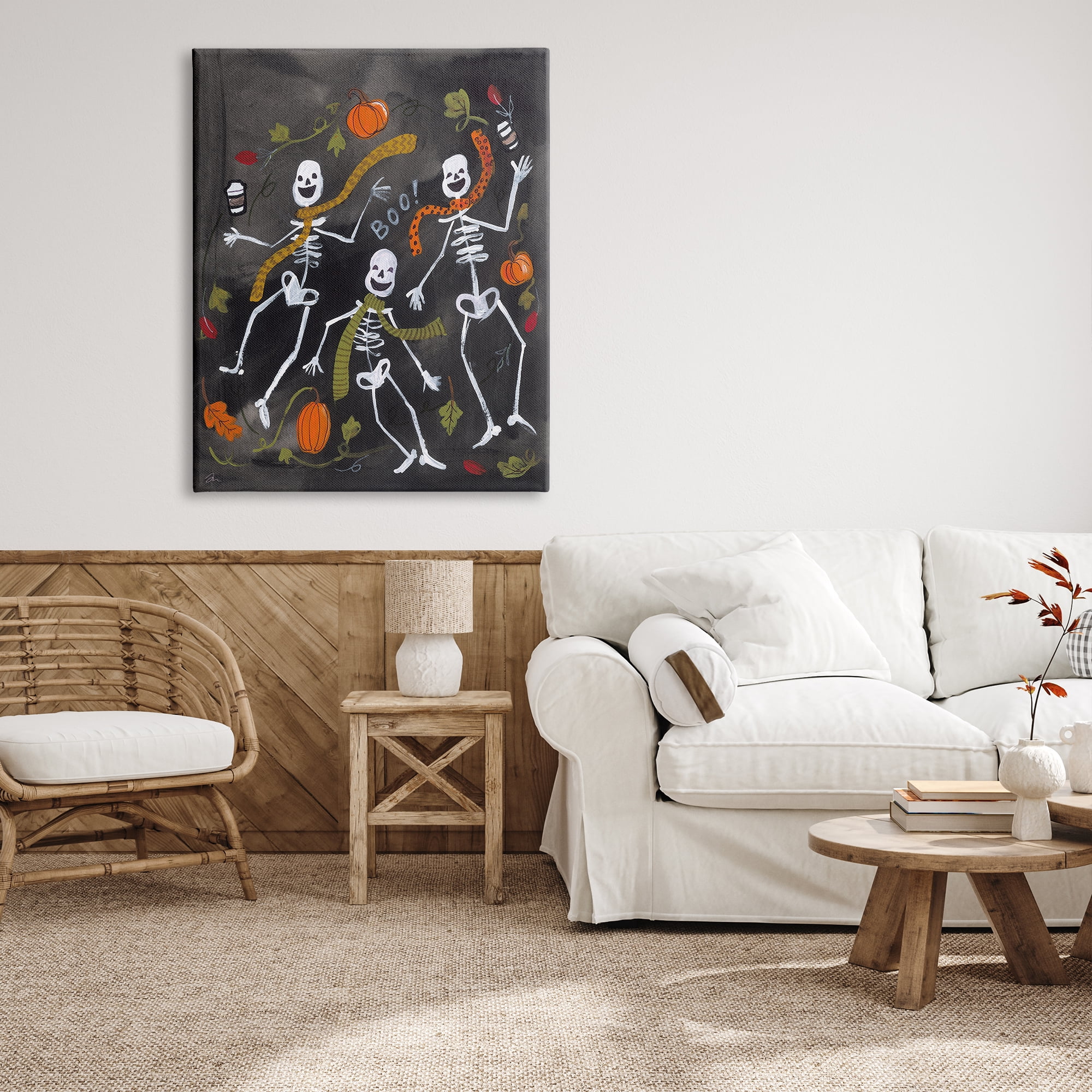 Stupell Industries Autumn Skeletons with Coffee Holiday Painting Gallery Wrapped Canvas Print Wall Art, 36 x 48