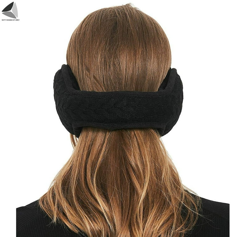 PULLIMORE Winter Earmuffs for Women Men Foldable Warm Ear Muffs Cable Knit  Fleece Ear Warmer (Black)