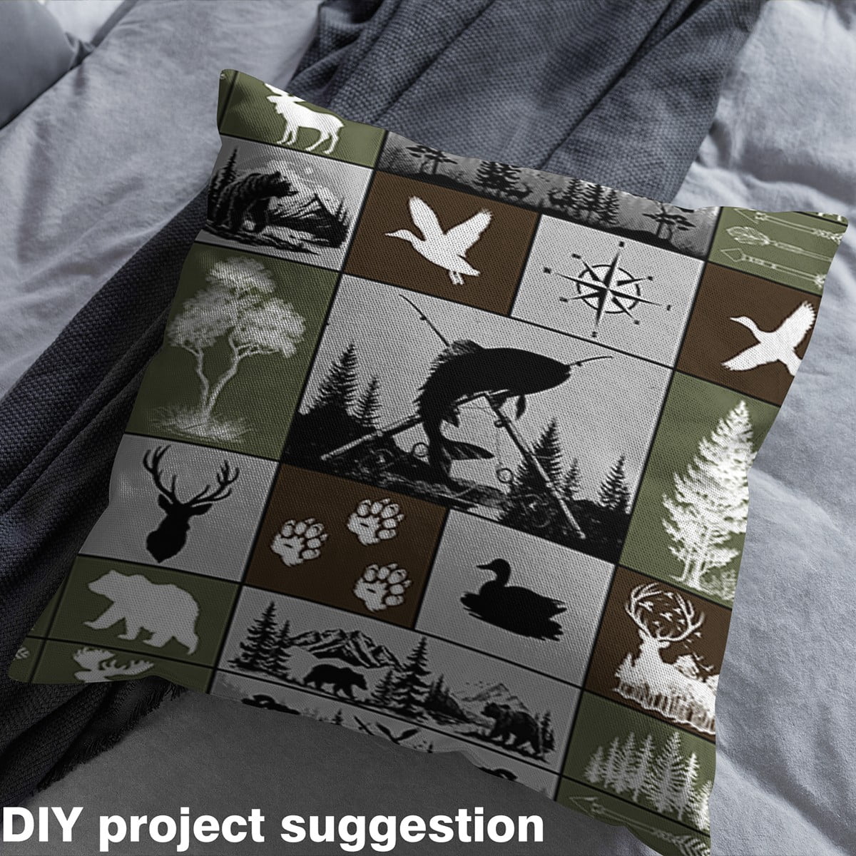 Manfei Hunting and Fishing Sewing & Crafting Fabric (3 Yards), Rustic Lodge Cabin Home Decor Fabric by the Yard, Pike Fish Mallard Duck Bear Elk DIY Fabric