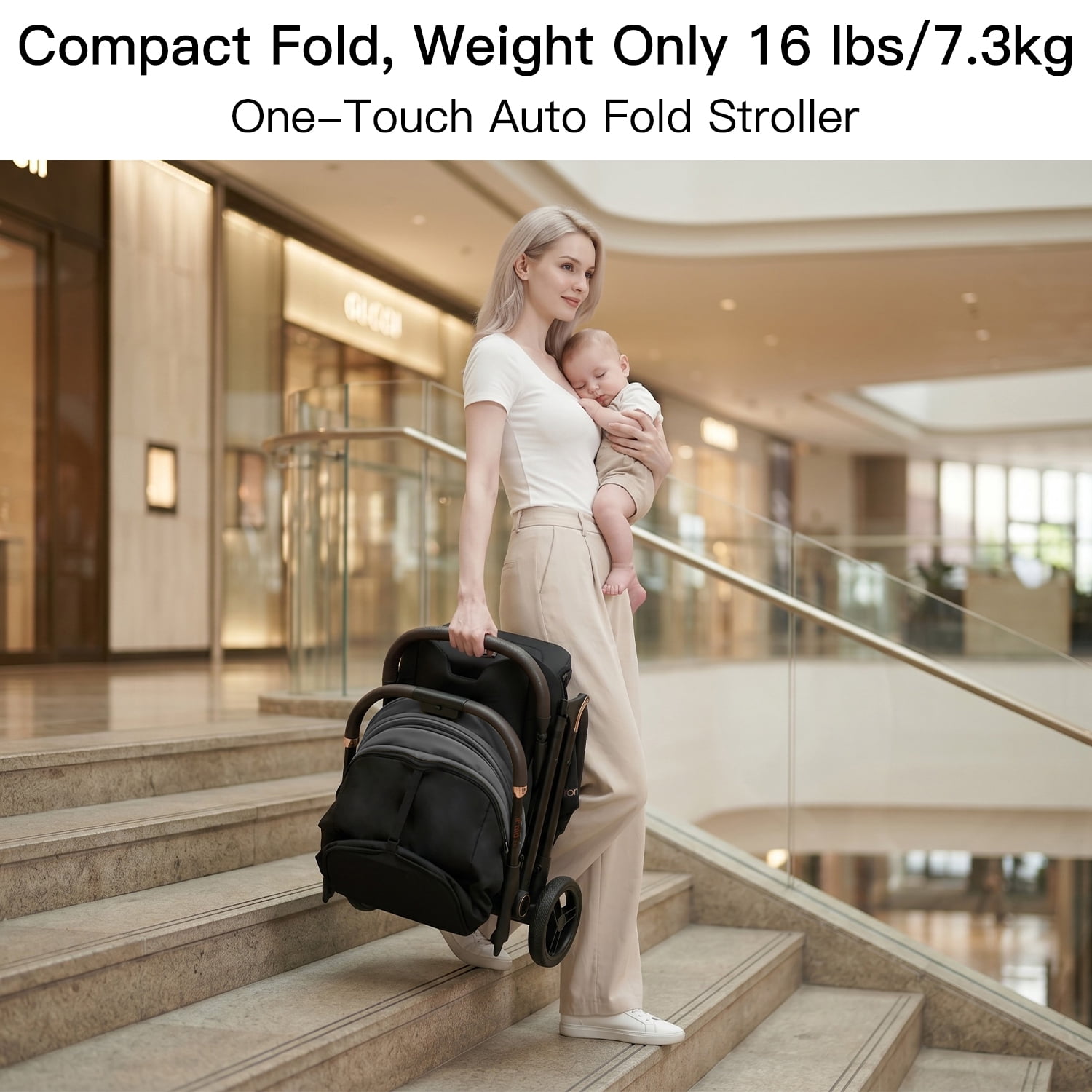 Gravity Folding Baby Stroller - Portable Toddler Stroller w/Adjustable Backrest & Canopy, Lightweight and UV Protected Travel Stroller, One-Hand Automatic Folding - Dark Gray