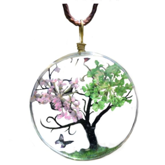Green And Light Pink Flower Tree With Butterflies Clear Acrylic Necklace Pendant Jewelry-155-PG