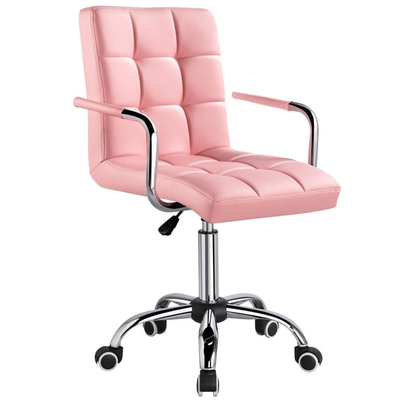 Mid Back Office Chair, Height Adjustable PU Leather 360° Swivel Large Seat for Home Computer Desk, Stylish Pink