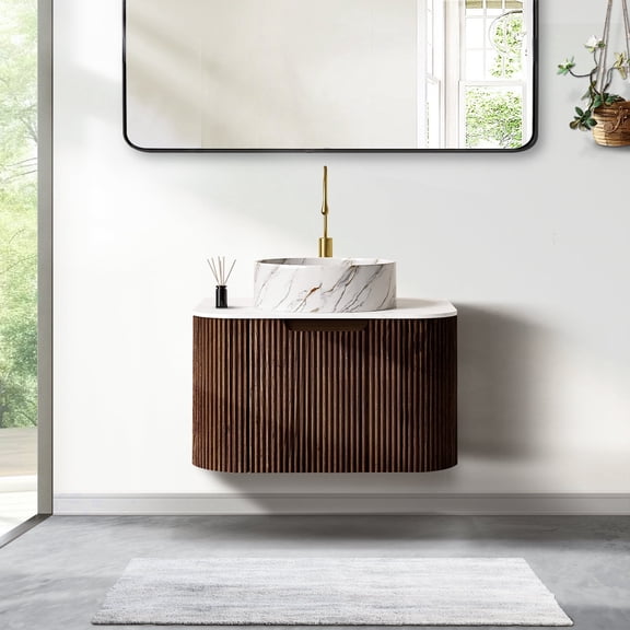 24" Curved Edges Striped Bathroom Vanity with Sink, Floating Plywood Cabinet with Single Large Drawer, Ceramic Vessel Basin & Artificial Marble Top - Dark Walnut Wood Grain Color Pre-assembled Vanity