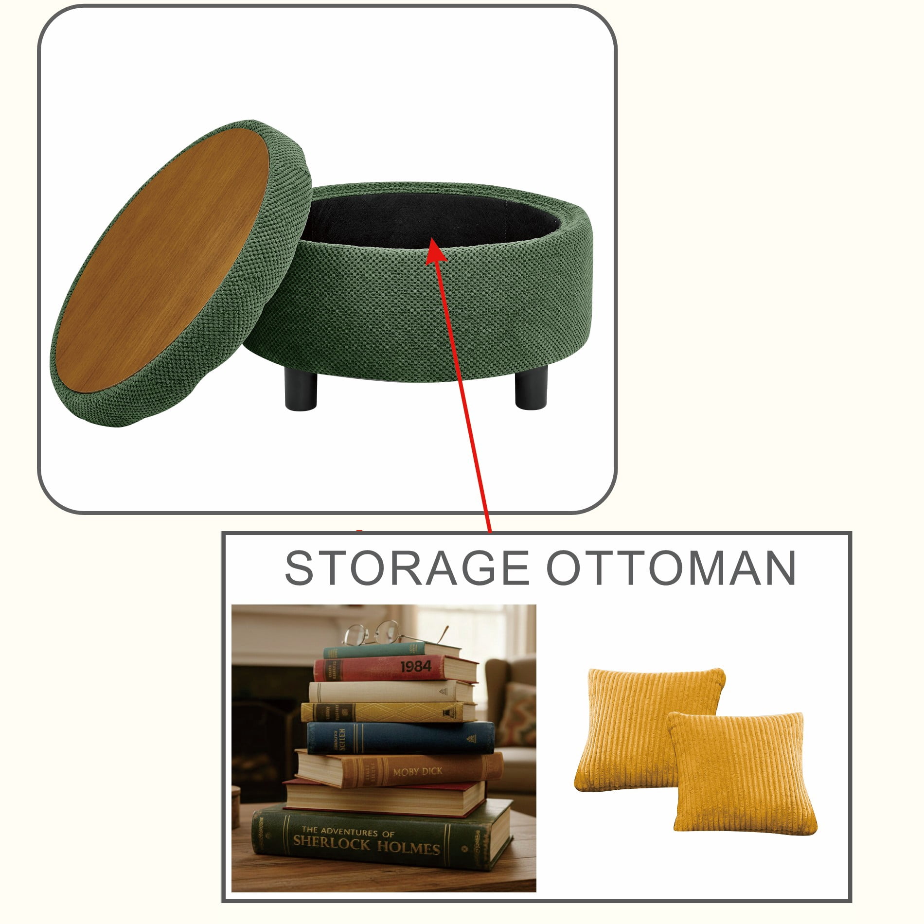 MOONMISS Round Ottoman with Storage and Reversible Tray, Upholstered Fabric Footrest Coffee Table for the Living Room, Bedroom, or Entryway,Green