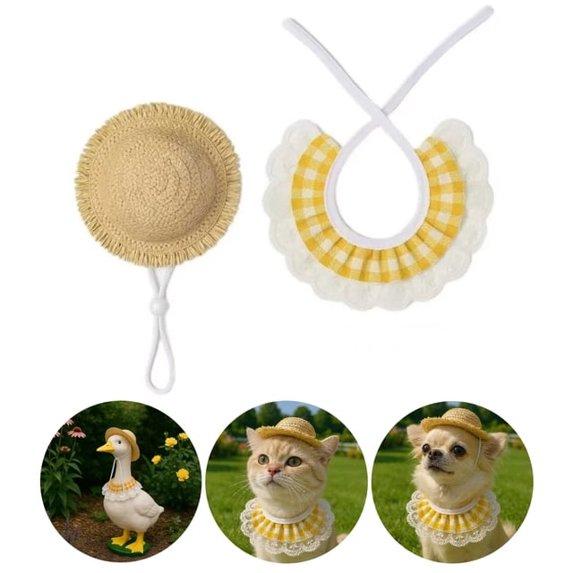 Porch Goose Outfits, Fits 23 Inch Goose and Small Dogs Cats Straw Hat Ruffle Collar Set for Garden Lawn Decor