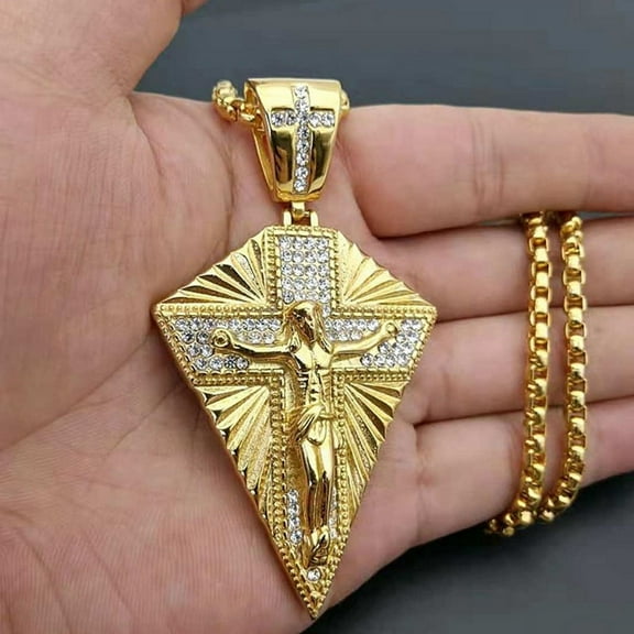 Men’s Big Crucifix Jesus Pendant Necklace, 14K Gold Filled Paved Rhinestone Religious Jewelry