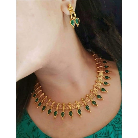 Gold Plated Green Teardrop Necklace Set – Antique Finish Traditional Indian Jewelry for Women