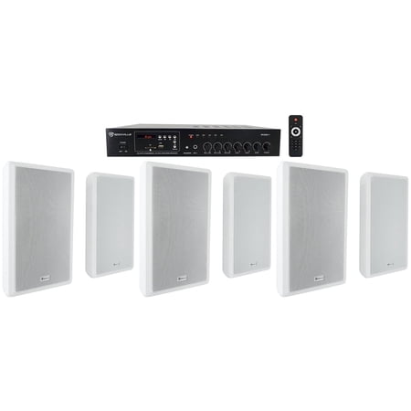Rockville Commercial Amplifier+(6) Slim White Restaurant/Bar/Cafe Wall Speakers