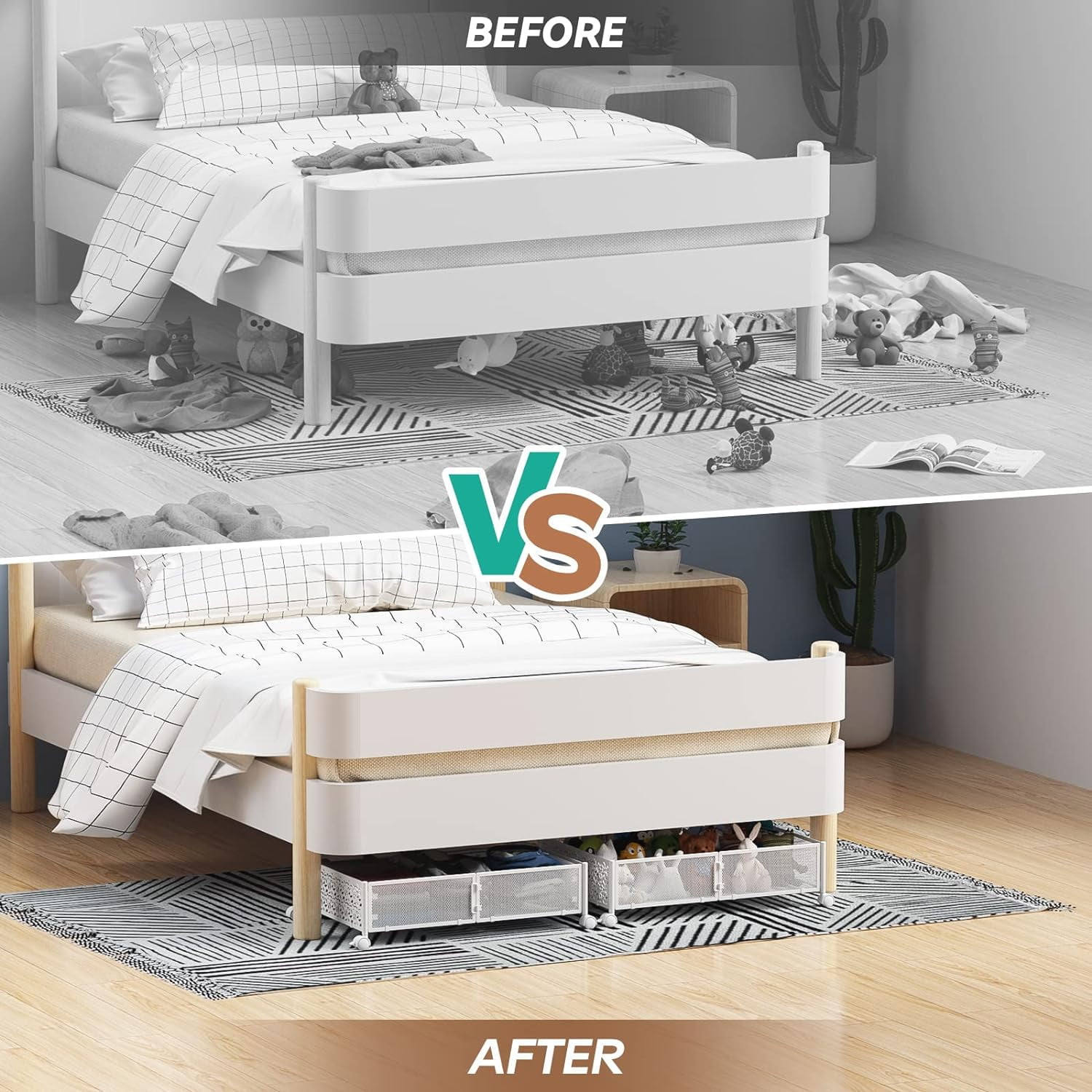 Flycity 4 Pack Foldable Under Bed Storage, Under the Bed Storage Containers with Wheels, Storage Organizer Bins for Bedroom Clothes Shoes Blankets - White