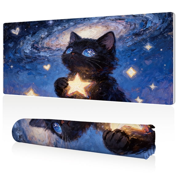 LIVEKEY Mouse Pad Ultra Large 80x40x0.3cm Full Desk Coverage Starry Night Sky with Cat Holding Star Art for Gaming and Office