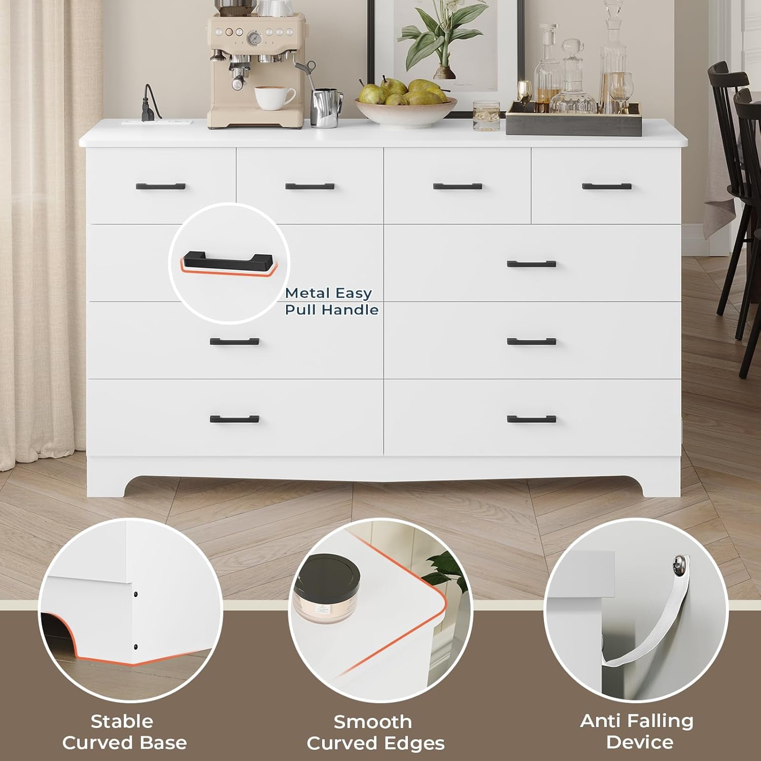 White Dresser for Bedroom 10 Drawers Dresser & Chest of Drawers with Power Outlets, Modern Wood Storage Cabinets & TV Stand for Living Room Hallway