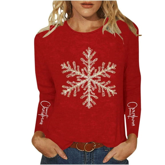 Ounisa Womens Long Sleeve Tops Casual Loose Fit Crewneck T Shirts Solid Lightweight Length Tunic Tops Christmas Gifts Snowflake Sequin Graphic Pullover