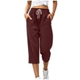 thumbnail image 2 of Bloomae Waffle Knit Capri Pants for Women Lightweight Casual Drawstring Elastic High Waist Comfy Lounge Cropped Trousers Loose Straight Leg Jogger Capris with Pockets, 2 of 9