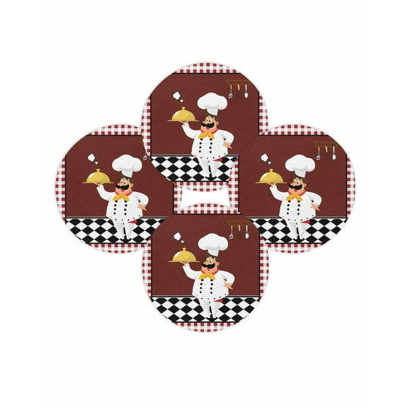 Round Placemats Set of 4 Cartoon Chef Place Mats Washable Woven Placemat Kitchen Gourmet Red Plaid Circle Braided Table Mat for Kitchen Dining Table Party Home Decor 15 Inch