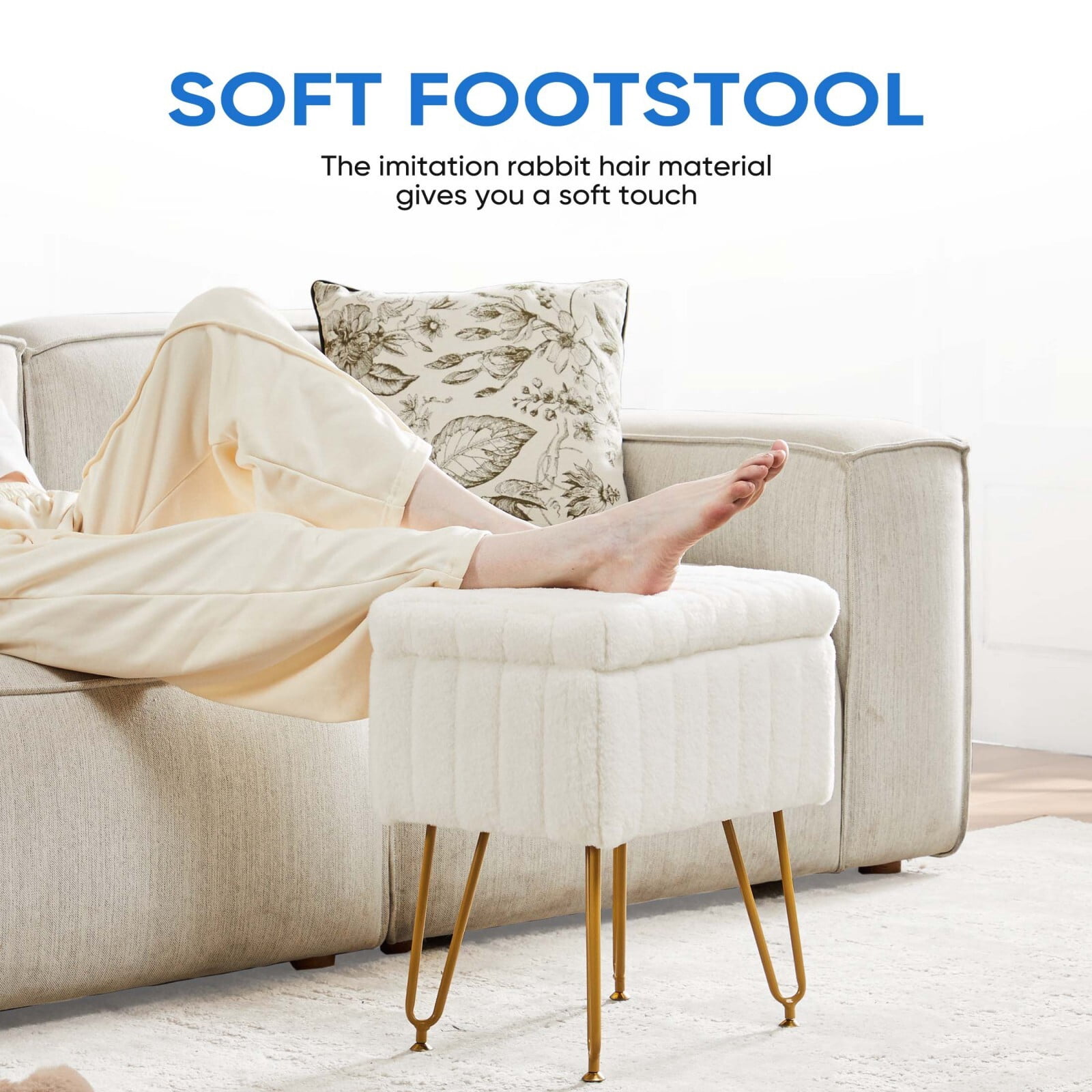 Kelno 18.9" Faux Fur Vanity Stool with Hidden Storage Soft Padded Ottoman Footrest with Metal Legs Antislip Adjustable Feet, White