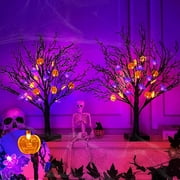 2 Pack 24" Orange Purple Halloween Lighted Tree Decorations with Timer DIY 26 Bats & 24 Pumpkins Jack-O-Lantern Battery Operated Artificial Black Spooky Tree Halloween Decor Tabletop