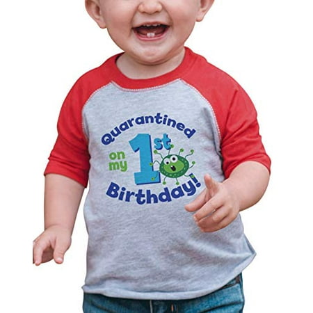 

7 ate 9 Apparel Kids I Turned One in Quarantine Germ Red Raglan