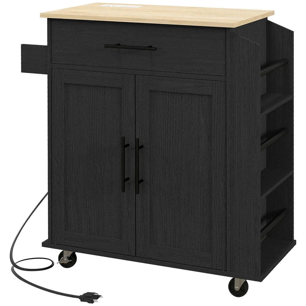 Resenkos Kitchen Cart, Kitchen Island Cart,Kitchen Island on Rollers with Power Outlets, Drawer, and Doors, Black