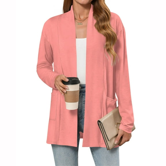 Evdexr Open Front Cardigan for Womens Long Lightweight Kimono Cardigans Thin Solid Color Cardigan Sweaters Fall Long Sleeve Loose Plus Size Cover Ups with Pockets Light pink XL