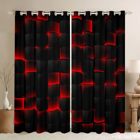 Feelyou Pixelate Miner Game Black Out Curtains, Neon Gradient Square Curtains Pack of 2 (42x63 Each), Honeycomb Black Red Bedroom Curtains, Blackout Curtains Room Decor