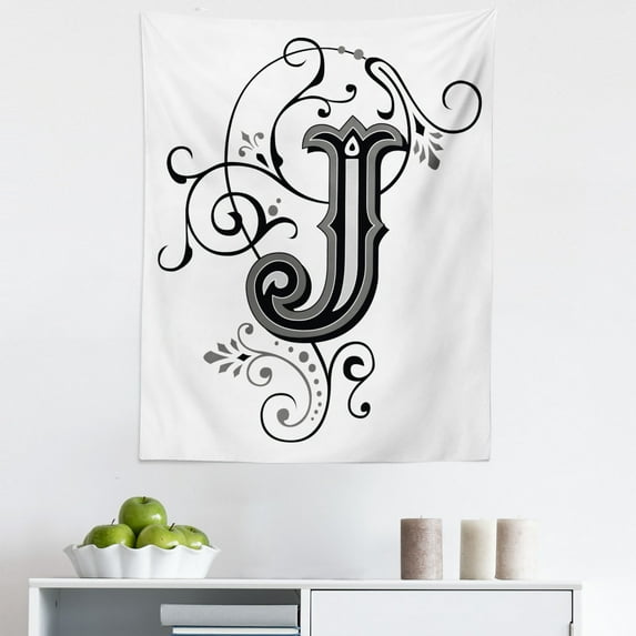 Letter J Tapestry, Shabby Form Classic Written Medieval Initials J Royal Noble Family Character, Fabric Wall Hanging Decor for Bedroom Living Room Dorm, 5 Sizes, Black Grey White, by Ambesonne