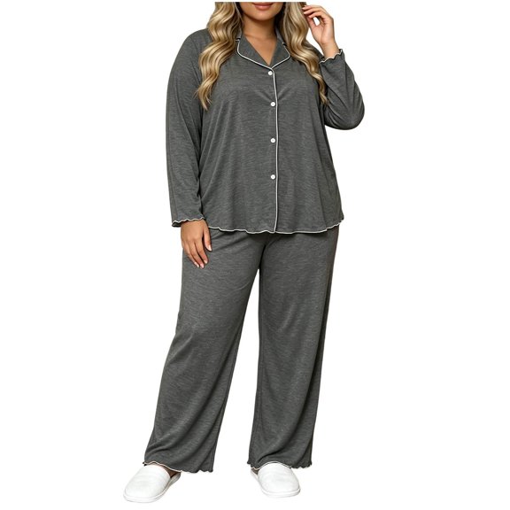 JUSLIO Ladies Pajamas Button Loose Plus Size Wear Long Sleeve Sleepwear and Pants 2 Piece Pjs Sets Collar Pajama Sets
