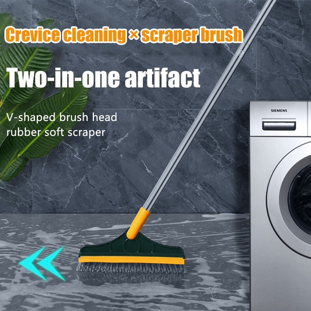 Floor Scrub Brush Floor Scrubber 3 In 1 with long handle and 120° rotating head, featuring a V-shaped brush and rubber scraper for efficient cleaning. Ideal for household cleaning tasks in bathrooms and kitchens, shown in yellow-green and gray colors with durable ABS and PVC bristles. Positioned on a wet tiled floor near a washing machine, suitable for scrubbing and drying surfaces.