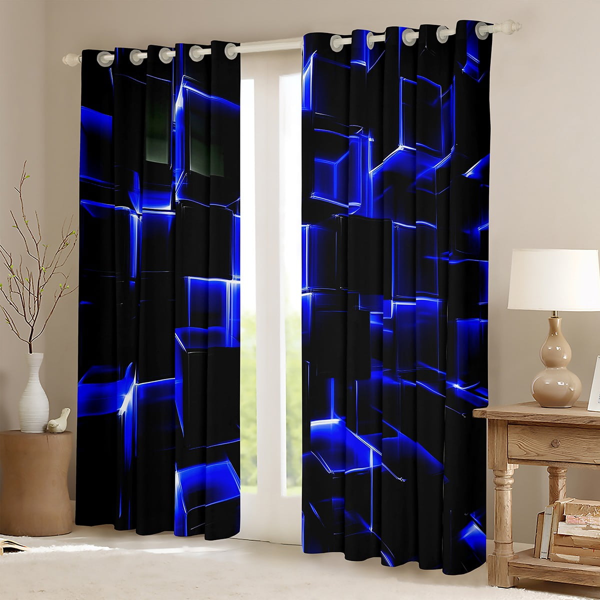 Erosebridal Geometric Buffalo Curtains and Drapes (38Wx54L),Black Blue 30%-50% Blackout Curtains for Bedroom,Curtains for Living Room,Plaid Decor