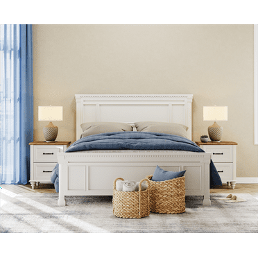 Nightstand Set of 2 with Charging Station Farmhouse Wooden End Table Sofa Side Table  with 2 Drawers for Bedroom Living Room, White/ Oak