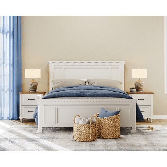 Nightstand Set of 2 with Charging Station Farmhouse Wooden End Table Sofa Side Table with 2 Drawers for Bedroom Living Room, White/ Oak