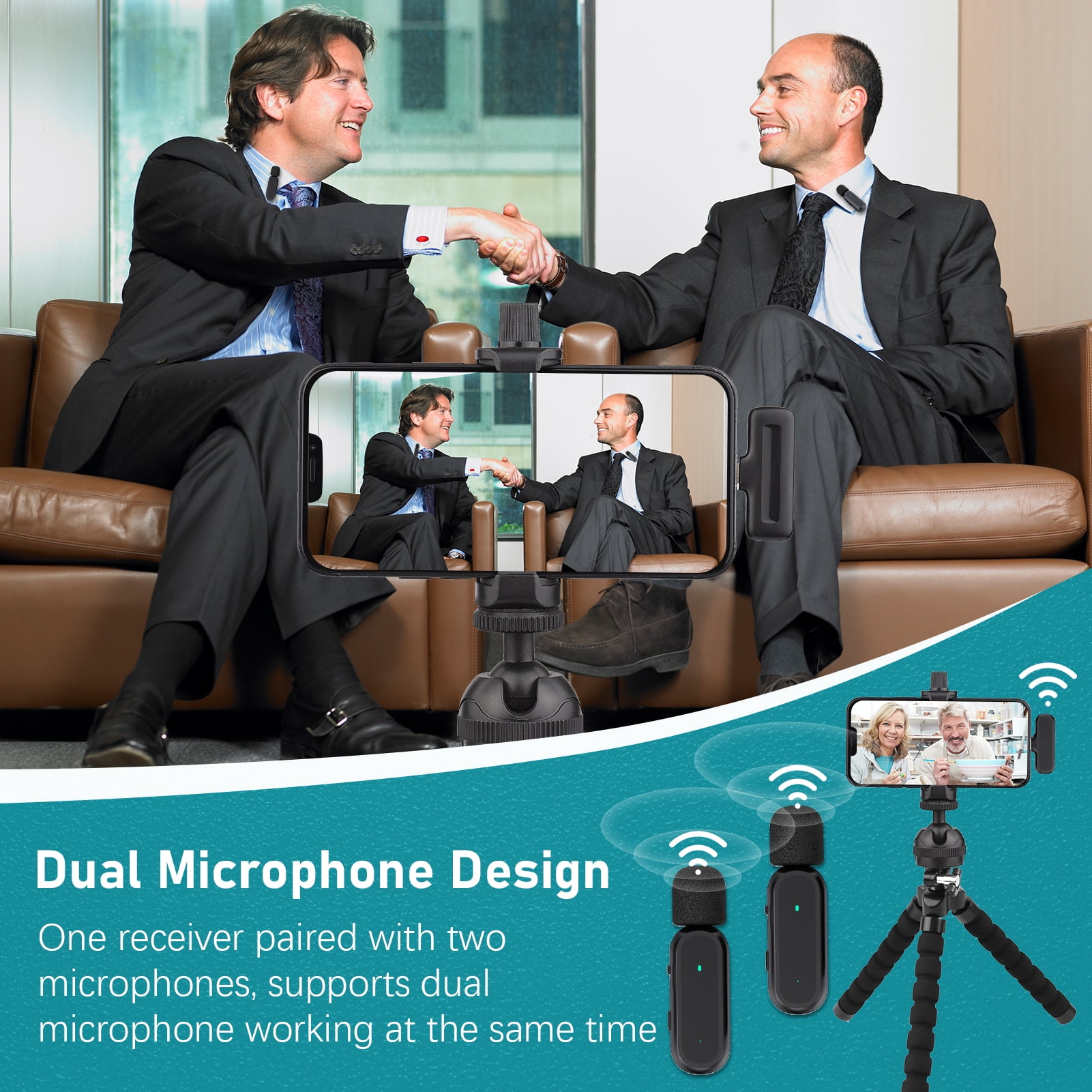 Portable One-trigger-Two Wireless Clip-on Microphone System Video Recording Mic 20M Transmission Built-in Battery with Charging Case Replacement for 13121110
