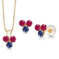 Gem Stone King 14K Yellow Gold Red Ruby and Blue Created Sapphire 3 Stone Pendant and Earrings Jewelry Set for Women (1.35 Cttw, Round 3MM, with 18 inch Chain)