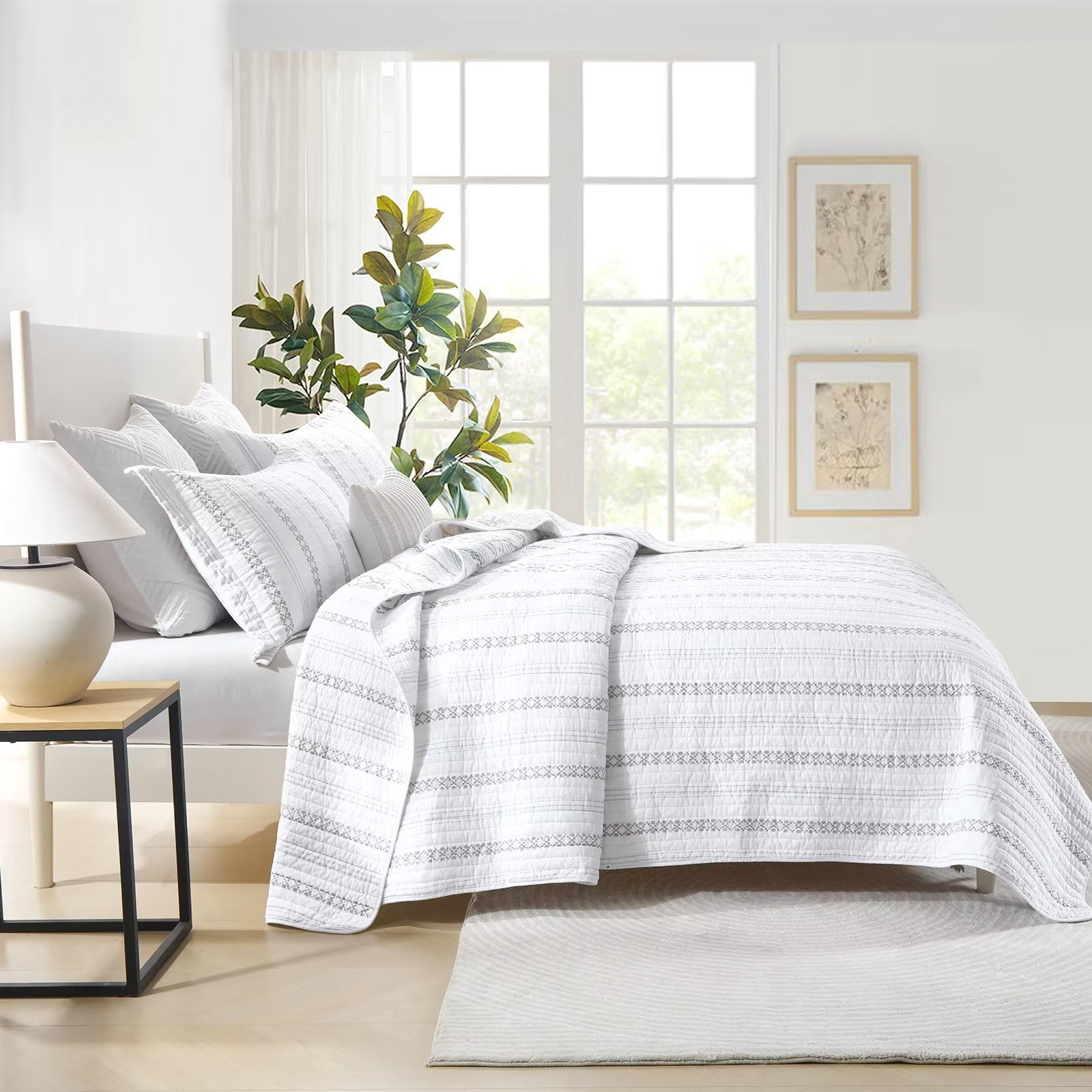 Bedduvit Boho Queen Size Quilt Set - 100% Cotton Beige & Gray & White Geometric Striped Bohemian Queen Quilt Bedspread - Breathable Soft Lightweight Coverlet in Bedding Set for All Season (98"x90")