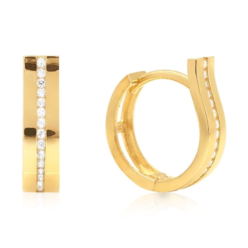 14k Yellow Gold White Gold Created Diamond Huggie Hoop Earrings 0.6" 