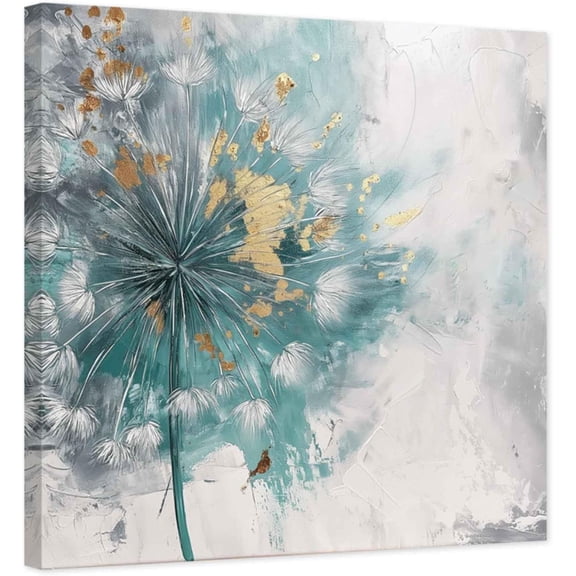 ZHONGYUTONG Teal Dandelion Canvas Wall Art Grey White Flower Pictures Print Rustic Neutral Floral Painting for Bathroom Decor Framed (12.00" x 12.00")