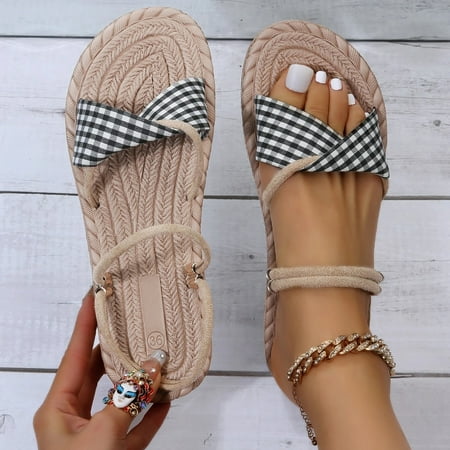 

〖Yilirongyumm〗 Black 38 Sandals Women Gingham Two Way Wear Slide Sandals For Women Casual Bohemian Sandals Minimalist Cross Strap Slides Beach Shoes Slippers
