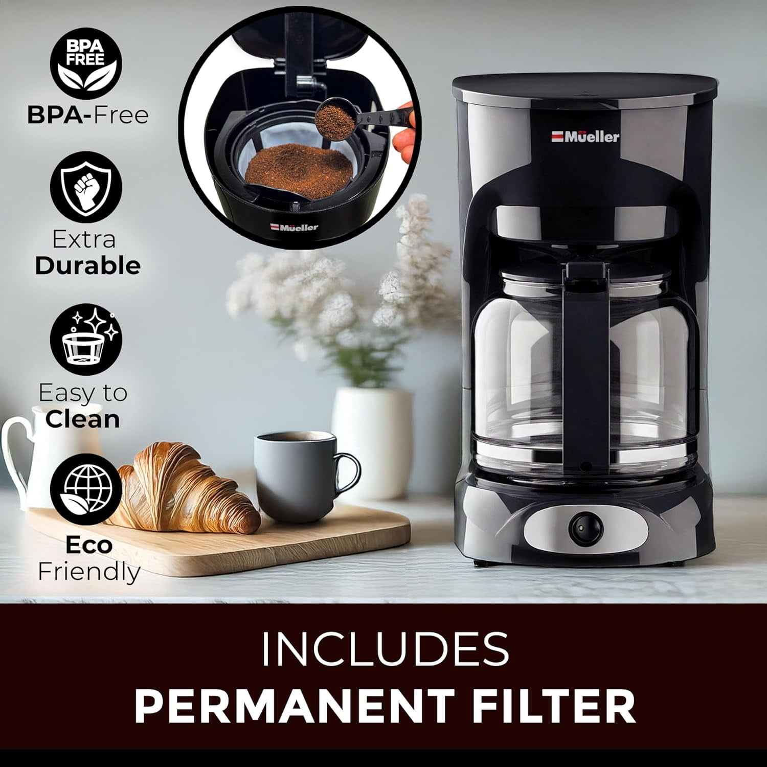 MÜELLERHOME Coffee Maker 12 Cup, Drip Coffee Maker with Glass Coffee Pot, Reusable Filter, Keep Warm Plate & Auto Shutoff