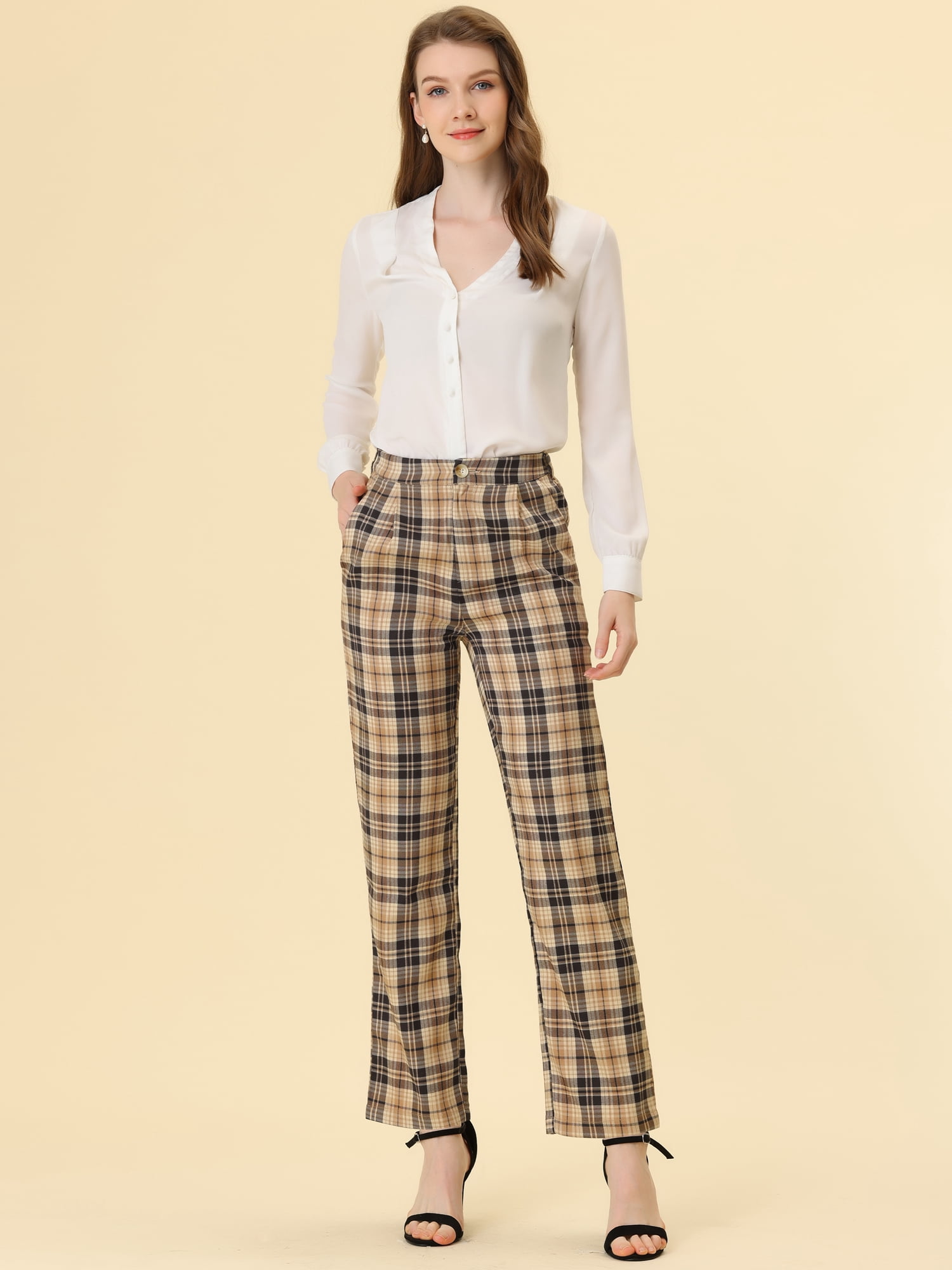 DARING DIVA Women's Plaid Trousers Pockets Straight Leg Casual Pant S Black Khaki
