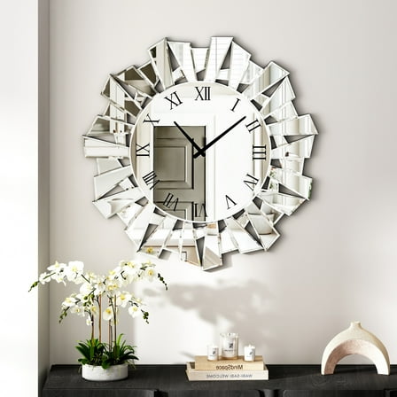 SHYFOY Modern Silver Glass Wall Clock Accent Clocks for Living Room