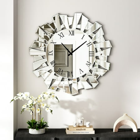 SHYFOY Modern Silver Glass Wall Clock Accent Clocks for Living Room
