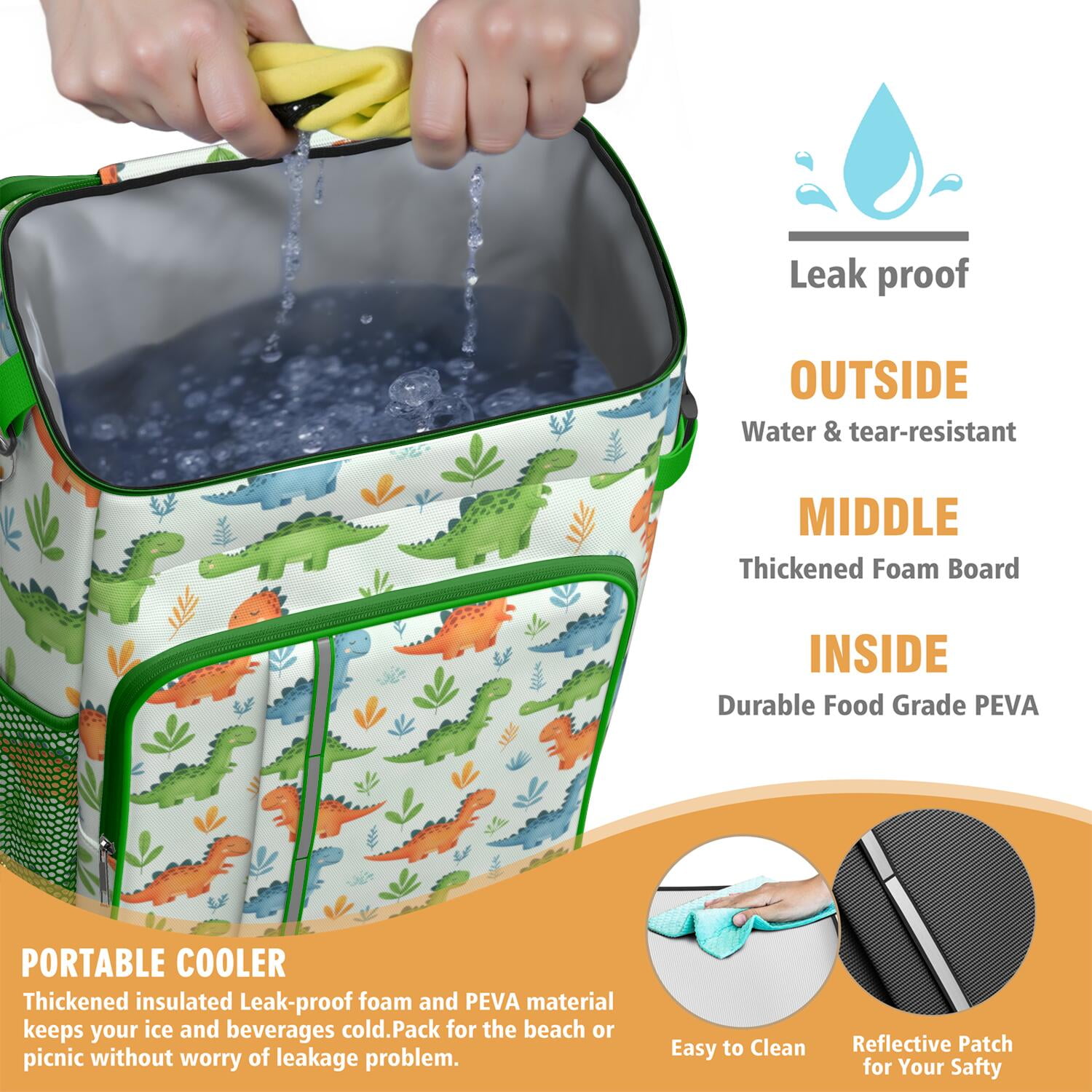 Travel Cooler Bag - LightGreen Cartoon Dinosaurs Leaves Pattern Camping Beer Cooler Backpack with Bottle Opener- Waterproof Insulated Picnic Backpacks - Cooler Bag for Beach