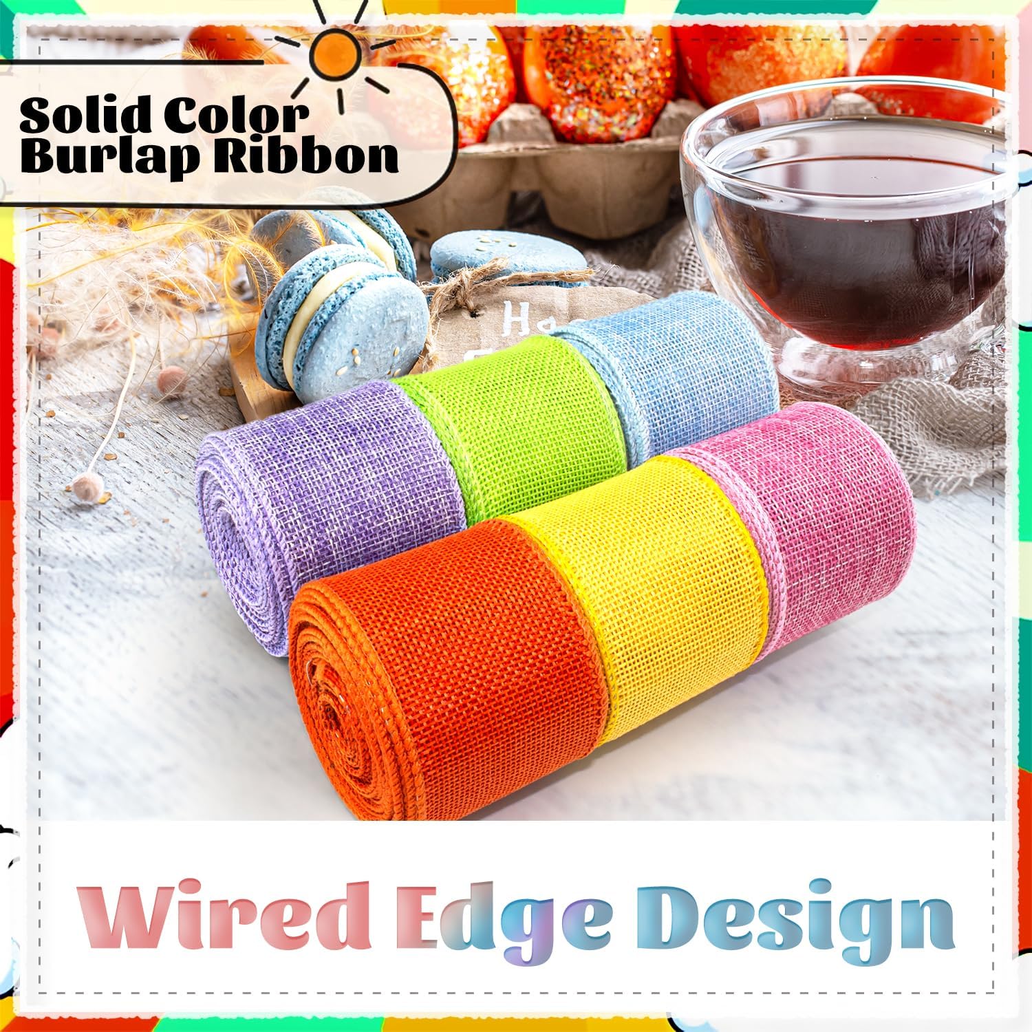 NANAHuang Burlap Ribbon Wired Ribbon 2 Inch Wide Burlap Wired Ribbon 6 Rolls 30 Yards Solid Fabric Metal Wire Edge Ribbon for Crafts Gift Wrapping Wreaths Bows Making E Decorations
