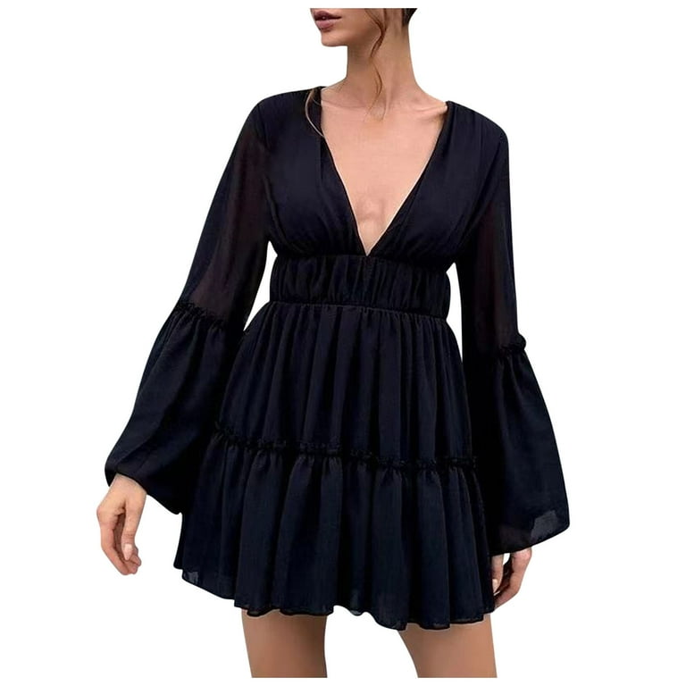 Dresses for Women Deep V Neck Flare Long Sleeve Chiffon Boho Dress Solid Ruffle Tiered A Line Swing Mini Dress - Walmart.com Dresses for Women Deep V Neck Flare Long Sleeve Chiffon Boho Dress Solid Ruffle Tiered A Line Swing Mini Dress - Walmart.com