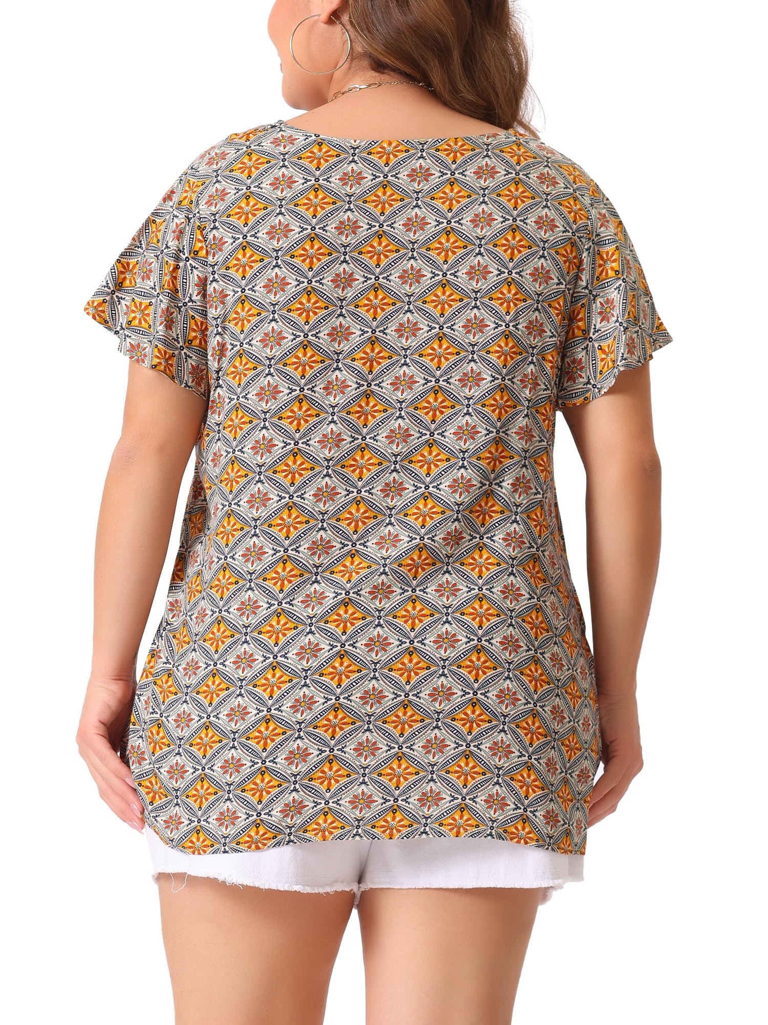 DARING DIVA Women's Plus Short Sleeve V Neck Floral Print Casual Blouse 4X Brown