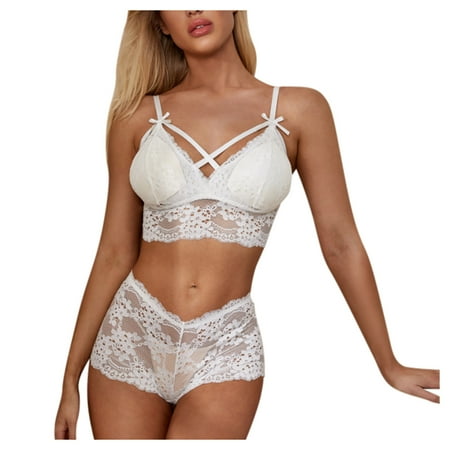 Elainilye Fashion Womens Lingeries Set Lace Sleepwear Lingerie Temptation Bra Underwear Nightwear Set White