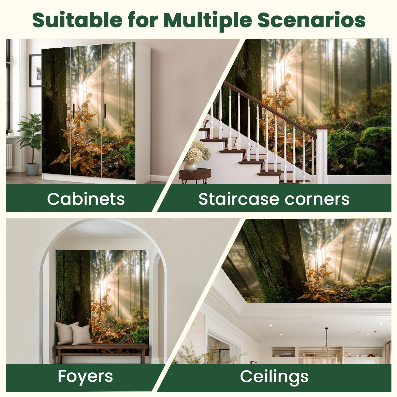 Peel and Stick Wallpaper Misty morning forest sunbeams Modern Art Wall Mural Decor Self Adhesive and Removable 100in x 144in