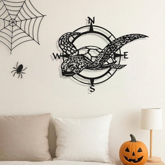 Sea Turtle Compass Wall Decor - Vintage Black Metal Art For Beach House, Ocean Themed Home Accents For Living Room, Kitchen, Bedroom, Garden, Perfect Gift For Ocean Lovers, Birthday & Housewarming