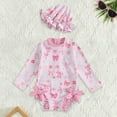 thumbnail image 2 of Newborn Baby Girls One Piece Swimsuits Long Sleeve Romper Hat Bathing Suit Beach Swimwear Size 6-12 Months, 2 of 3