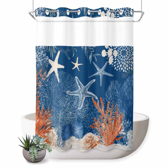 No Hook Shower Curtain, Navy Blue Coastal Shower Curtains for Bathroom with See Through Top Window, Starfish Coral Nautical Summer Beach Ocean Waterproof & Washable Bath Curtain Stall 48"x72"