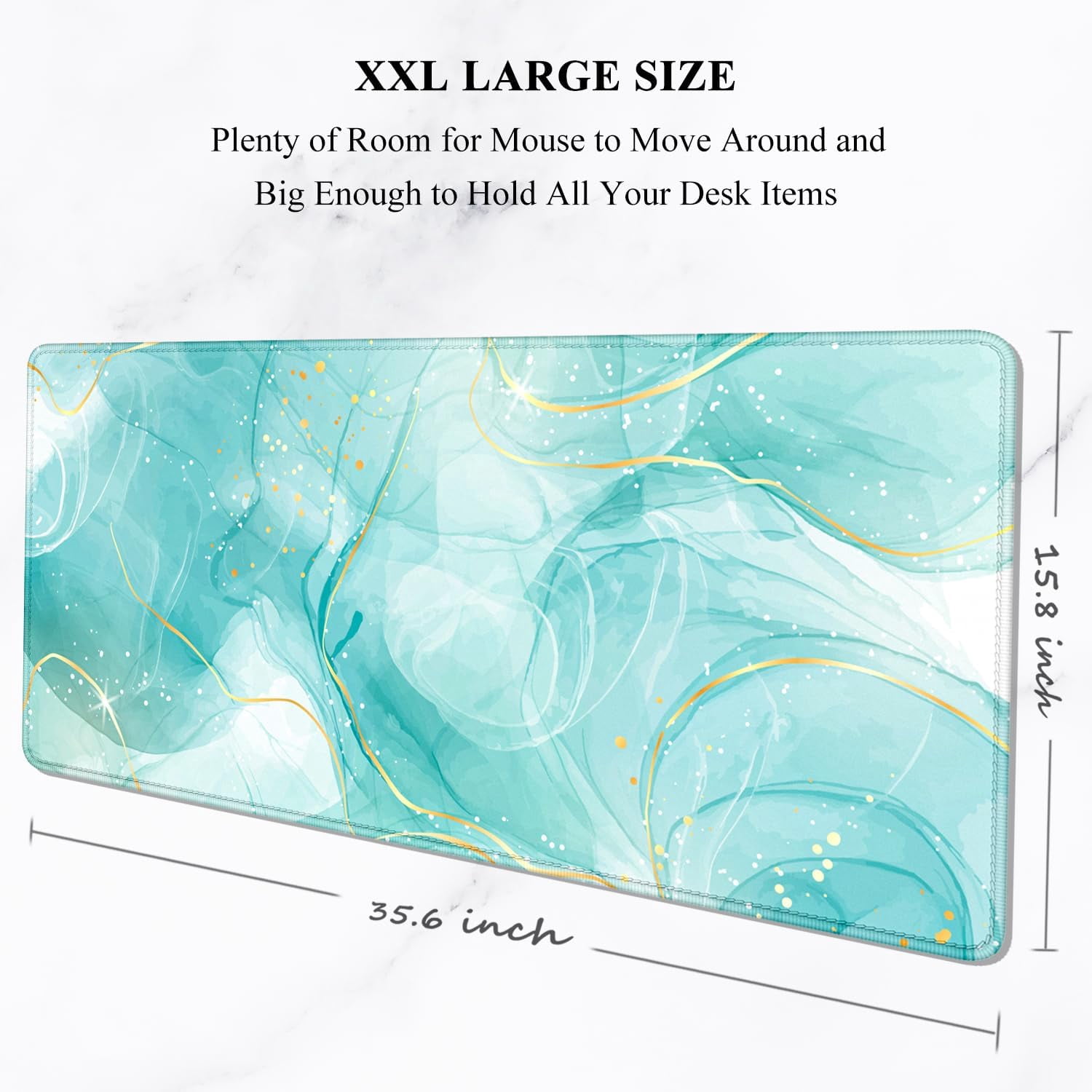 Desk Mouse Pad, Large Gaming Mousepad, XXL Desk Pad, Extended Long Superior Micro-Weave Cloth Non-Slip Rubber Big Computer Mouse Mat for Gamer, Office & Home, 35" x 15", Teal Gold Marble